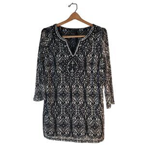 INC International Concepts Black White Tunic 3/4 Sleeves V-Neck Rhinestones 1X